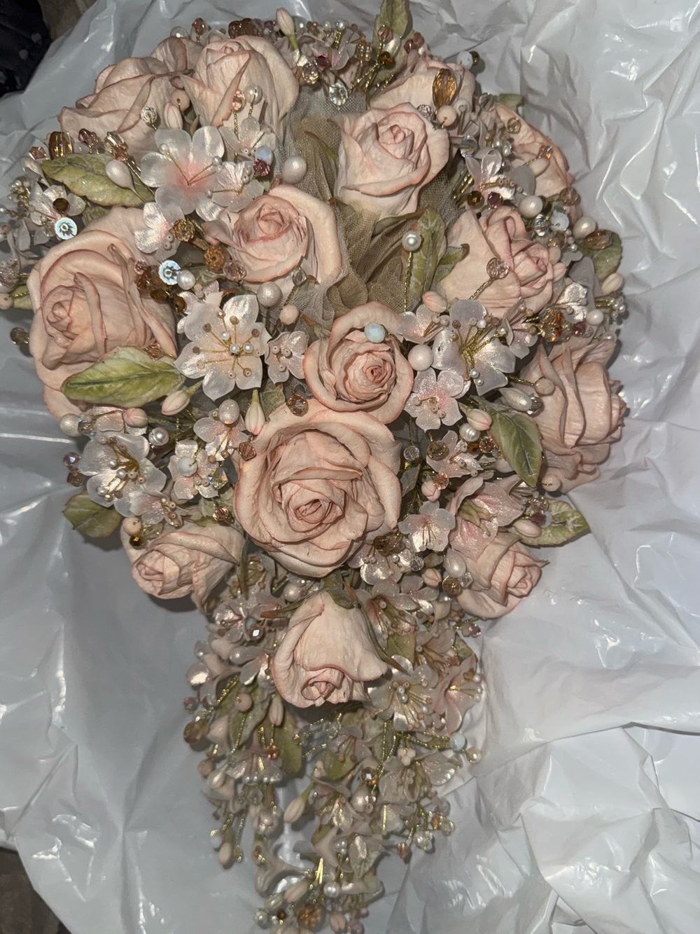 Vintage-Inspired Blush Rose Cascade Bridal Bouquet